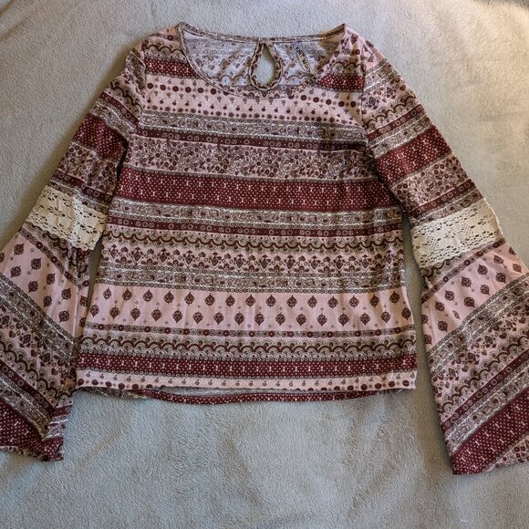 WOMEN'S KNIT WORKS TOP L Large Lace Boho Pattern Flared Sleeves Pink Red White - Picture 1 of 6